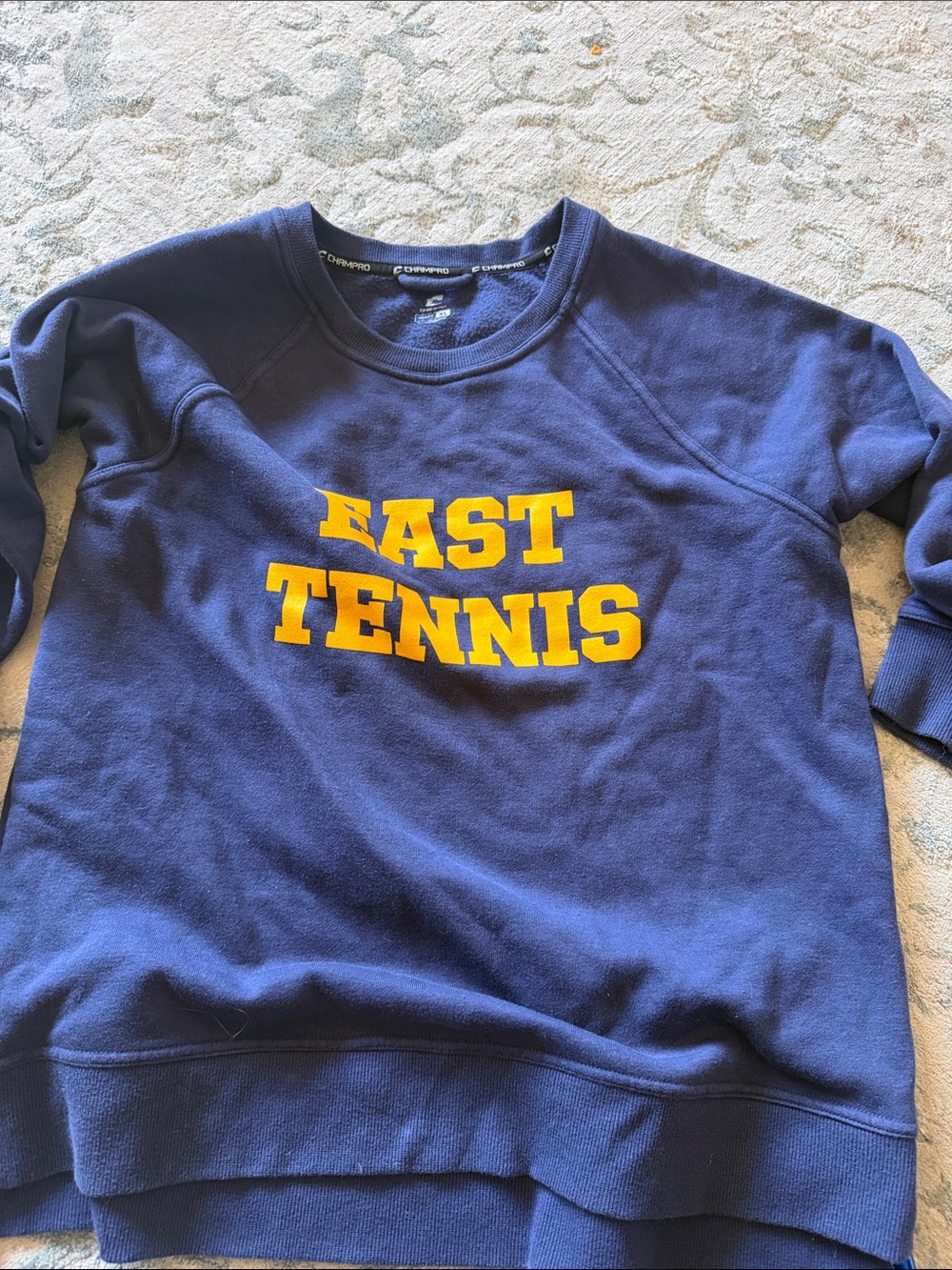 Navy Crewneck Sweatshirt with Gold EAST TENNIS Chest Print